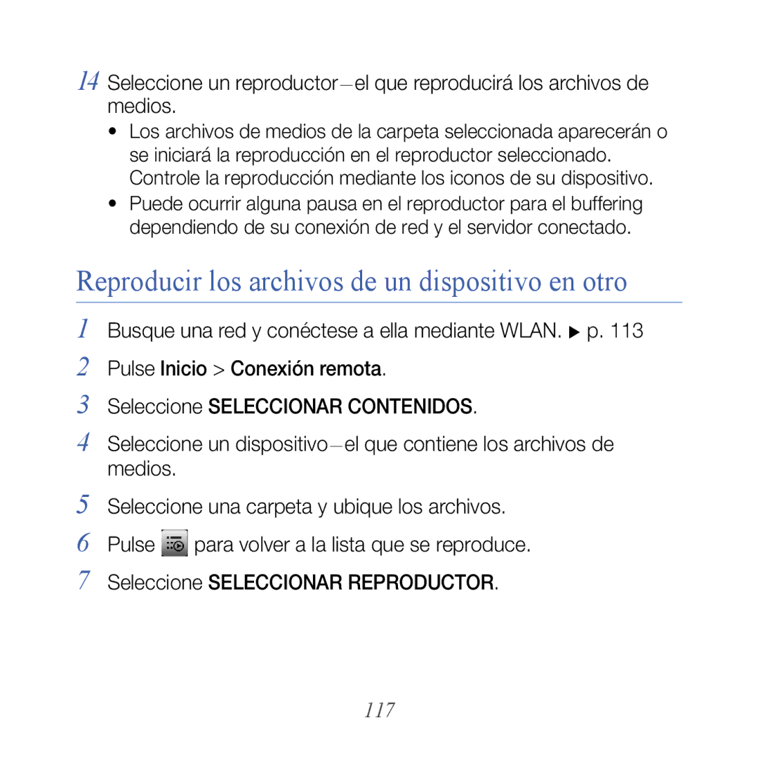 Samsung GT-B7610OKJATL, GT-B7610OKAATL manual Reproducir los archivos de un dispositivo en otro, 117 