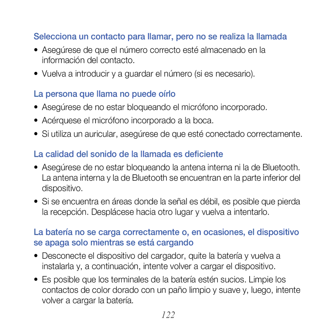 Samsung GT-B7610OKAATL manual 122, La persona que llama no puede oírlo, La calidad del sonido de la llamada es deficiente 