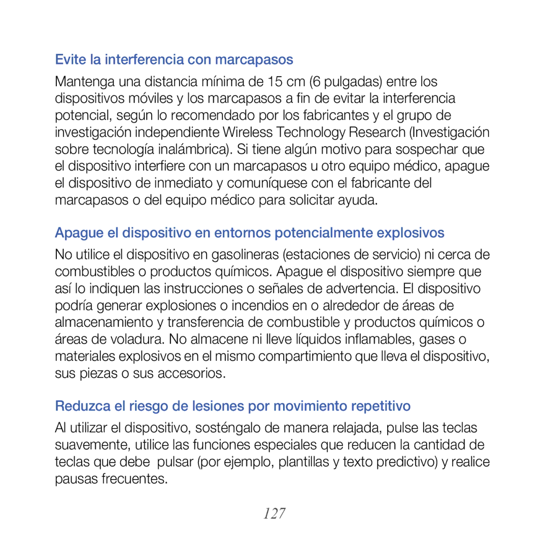 Samsung GT-B7610OKJATL 127, Evite la interferencia con marcapasos, Reduzca el riesgo de lesiones por movimiento repetitivo 