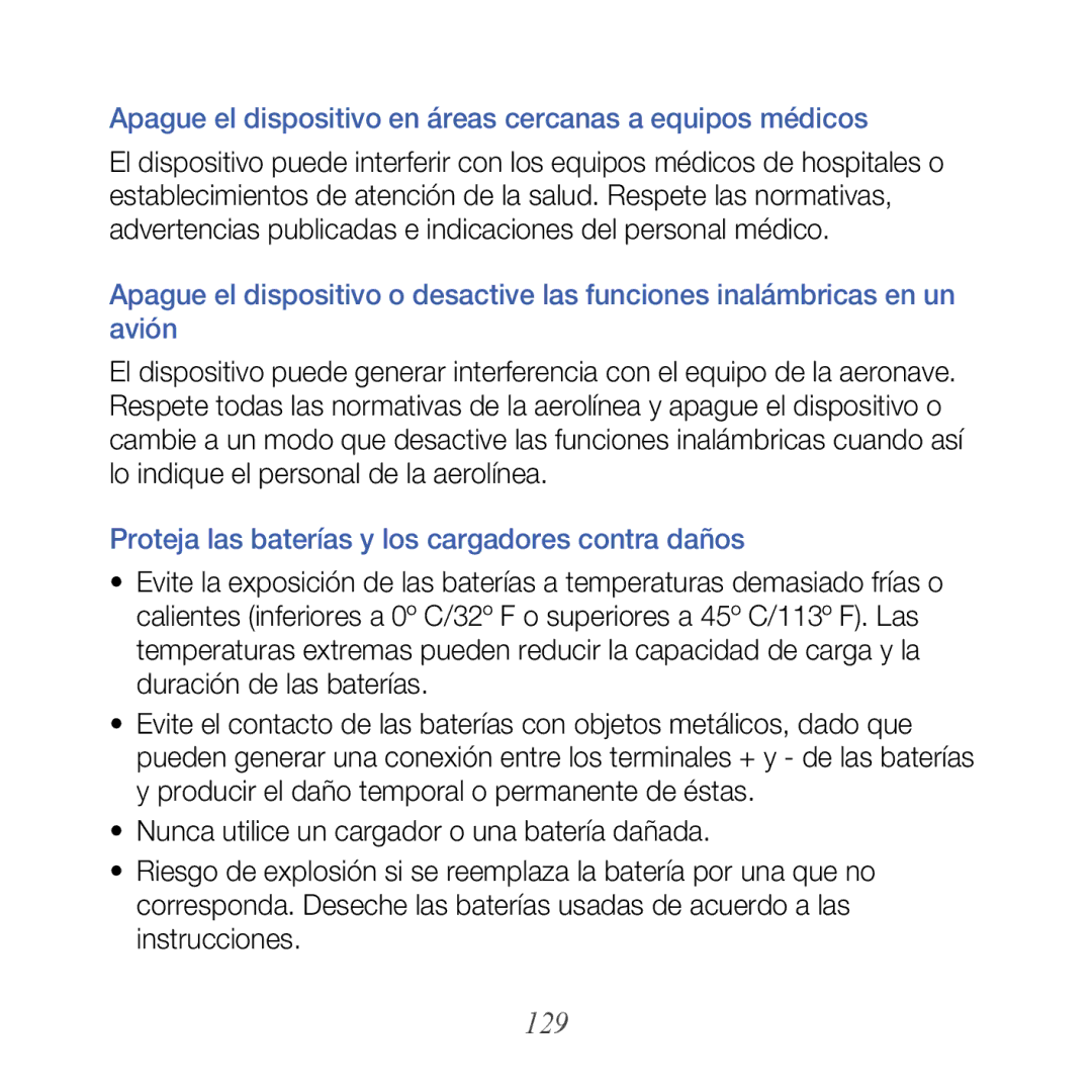 Samsung GT-B7610OKJATL, GT-B7610OKAATL manual 129, Apague el dispositivo en áreas cercanas a equipos médicos 