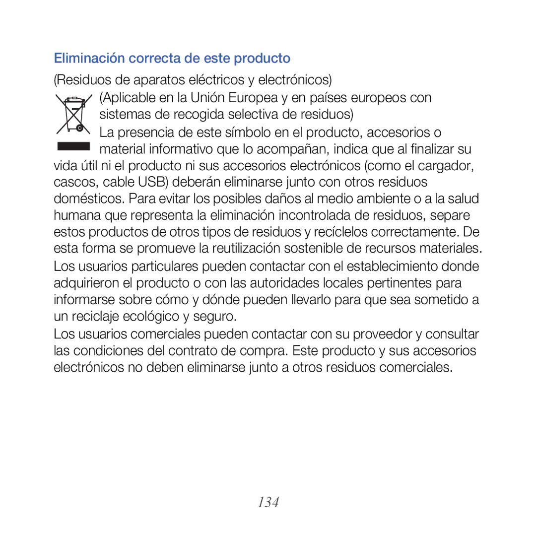 Samsung GT-B7610OKAATL, GT-B7610OKJATL manual 134, Eliminación correcta de este producto 