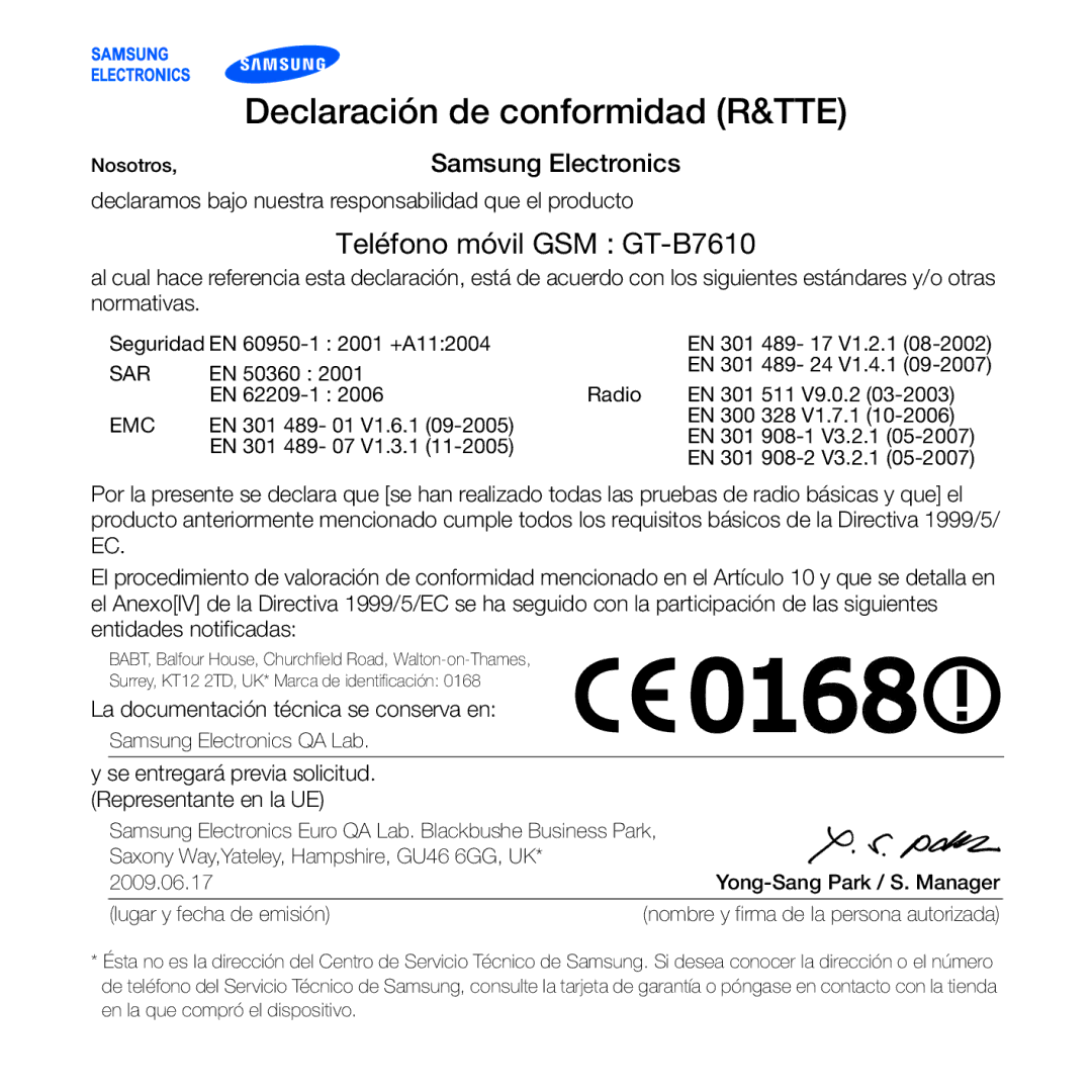 Samsung GT-B7610OKJATL, GT-B7610OKAATL manual Declaración de conformidad R&TTE 