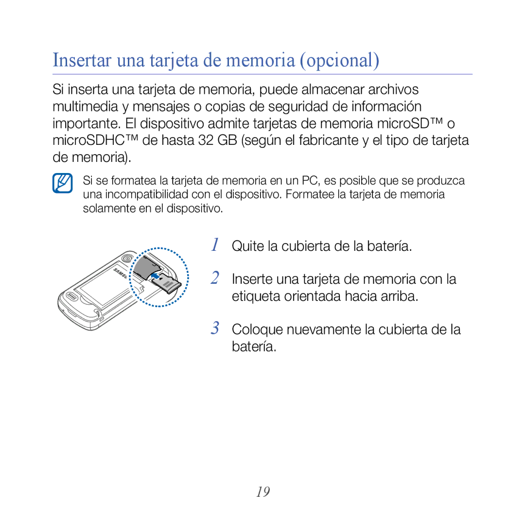 Samsung GT-B7610OKJATL, GT-B7610OKAATL manual Insertar una tarjeta de memoria opcional 