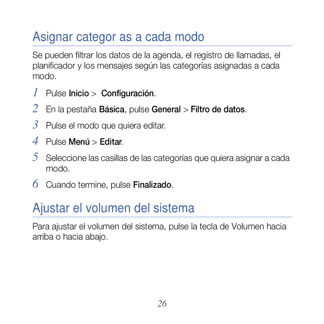 Samsung GT-B7610OKAATL, GT-B7610OKJATL manual Asignar categorías a cada modo, Ajustar el volumen del sistema 