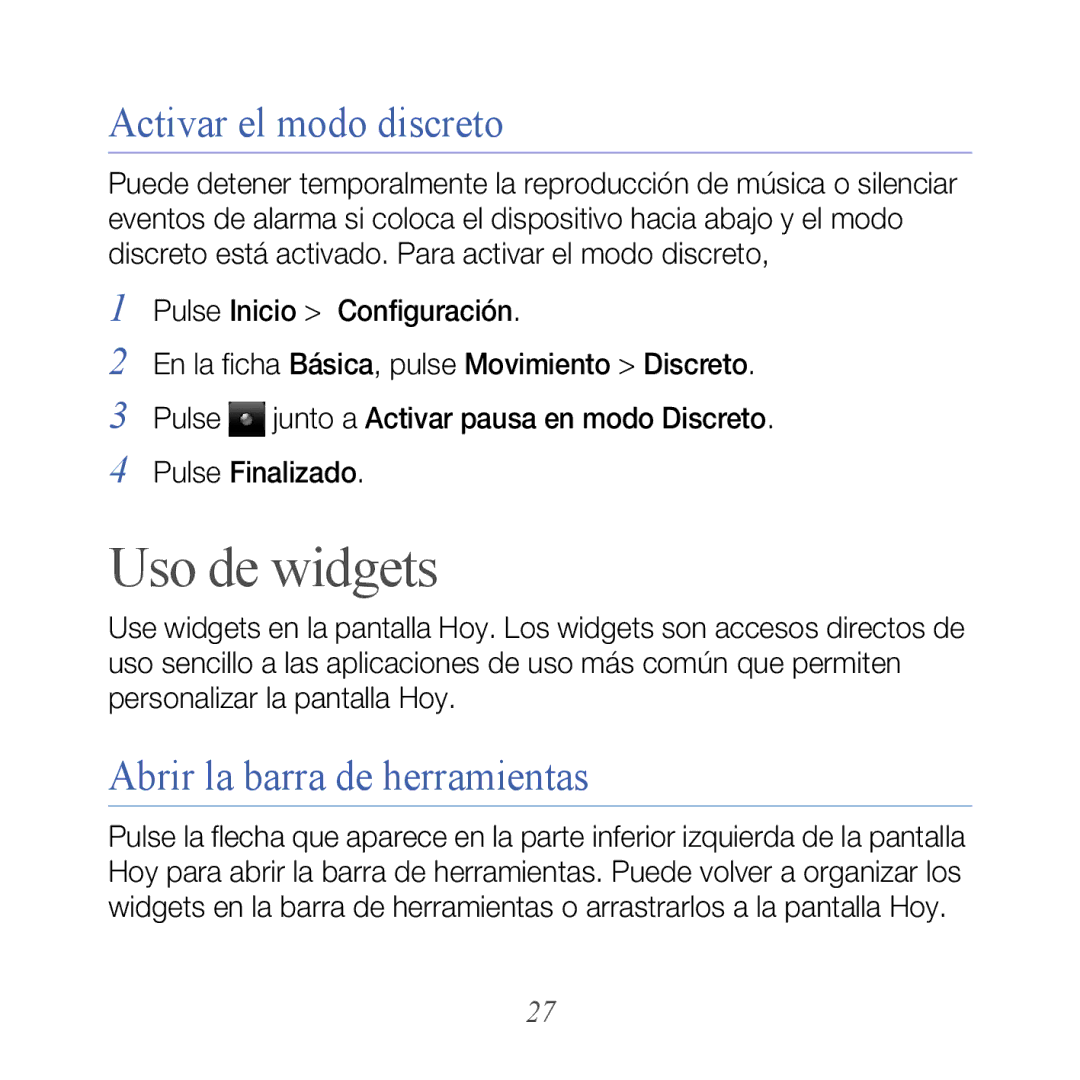 Samsung GT-B7610OKJATL, GT-B7610OKAATL manual Uso de widgets, Activar el modo discreto, Abrir la barra de herramientas 