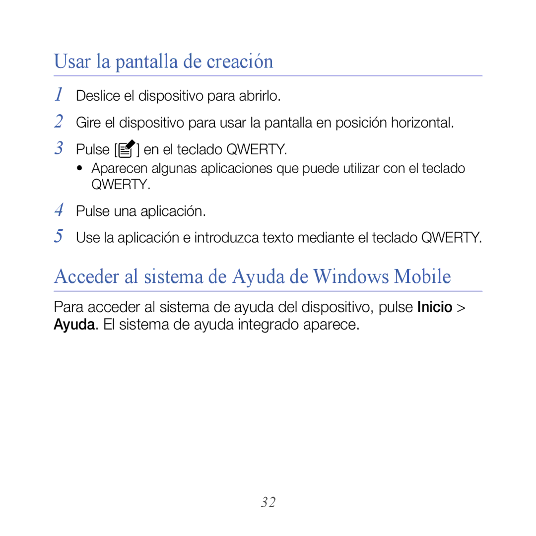 Samsung GT-B7610OKAATL, GT-B7610OKJATL manual Usar la pantalla de creación, Acceder al sistema de Ayuda de Windows Mobile 