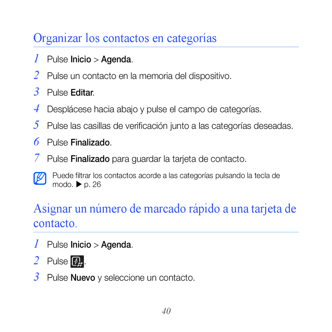 Samsung GT-B7610OKAATL, GT-B7610OKJATL manual Organizar los contactos en categorías 