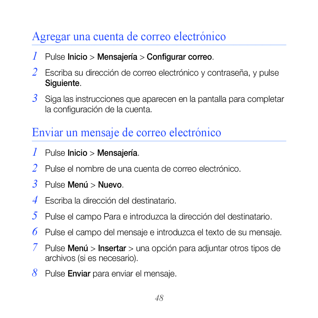 Samsung GT-B7610OKAATL, GT-B7610OKJATL Agregar una cuenta de correo electrónico, Enviar un mensaje de correo electrónico 