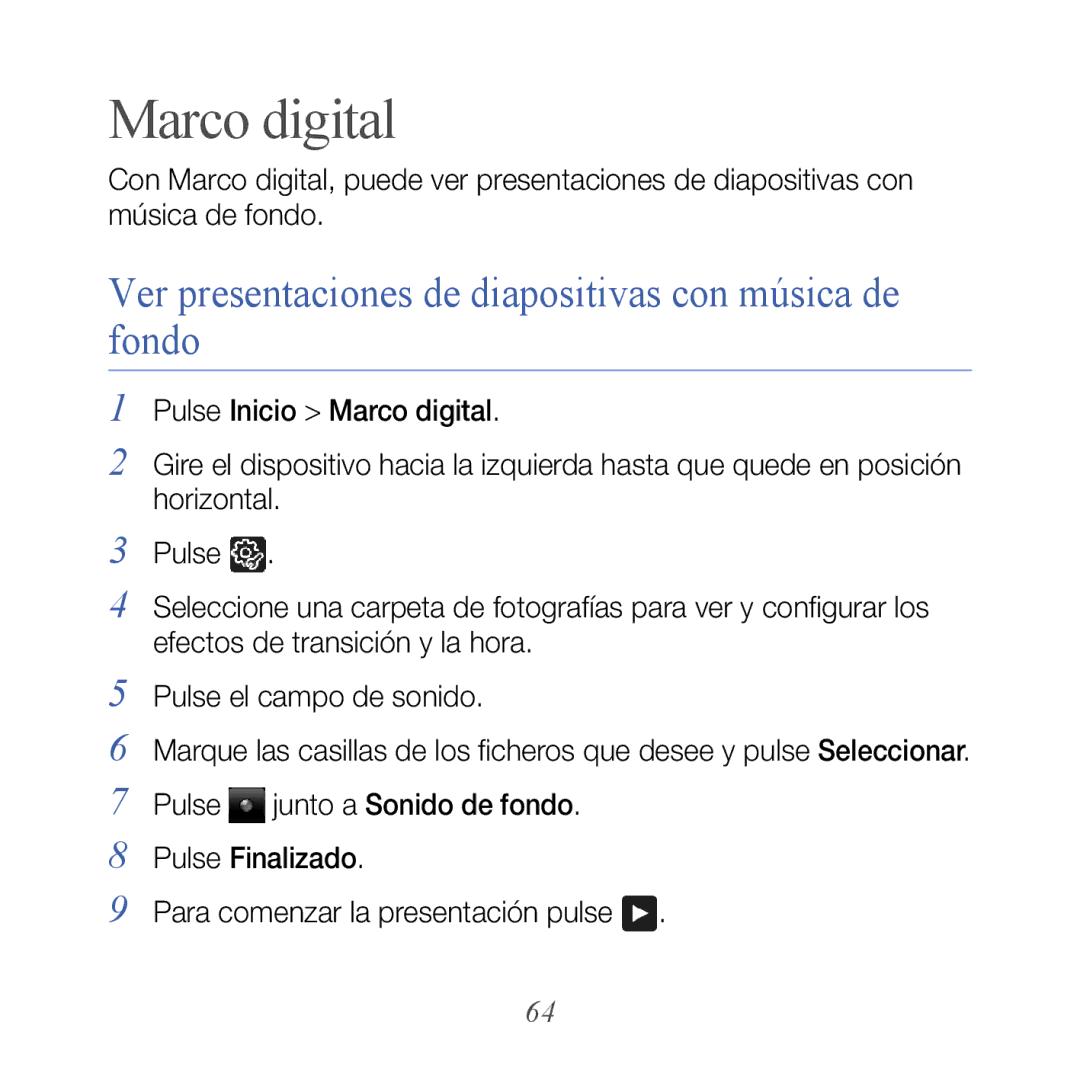 Samsung GT-B7610OKAATL, GT-B7610OKJATL manual Marco digital, Ver presentaciones de diapositivas con música de fondo 