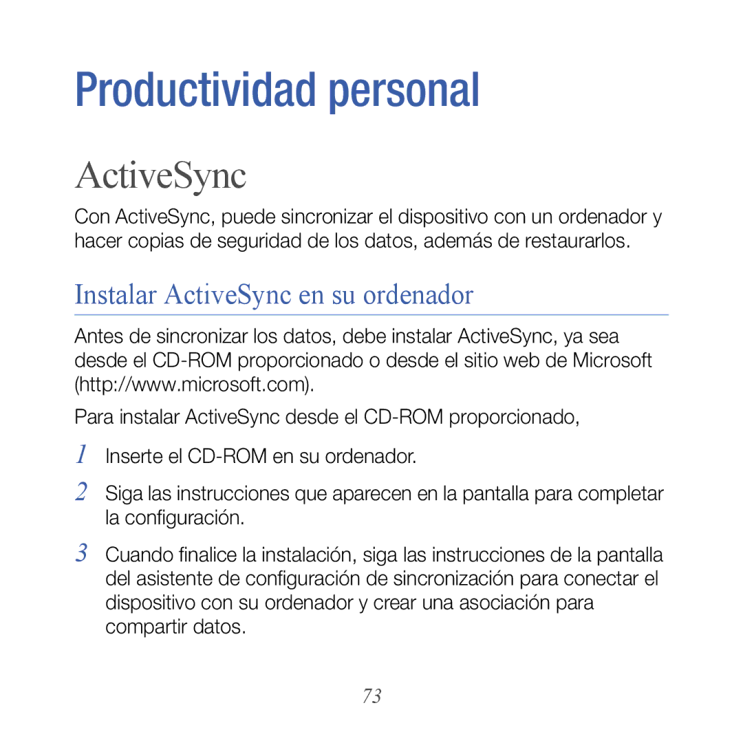 Samsung GT-B7610OKJATL, GT-B7610OKAATL manual Instalar ActiveSync en su ordenador 
