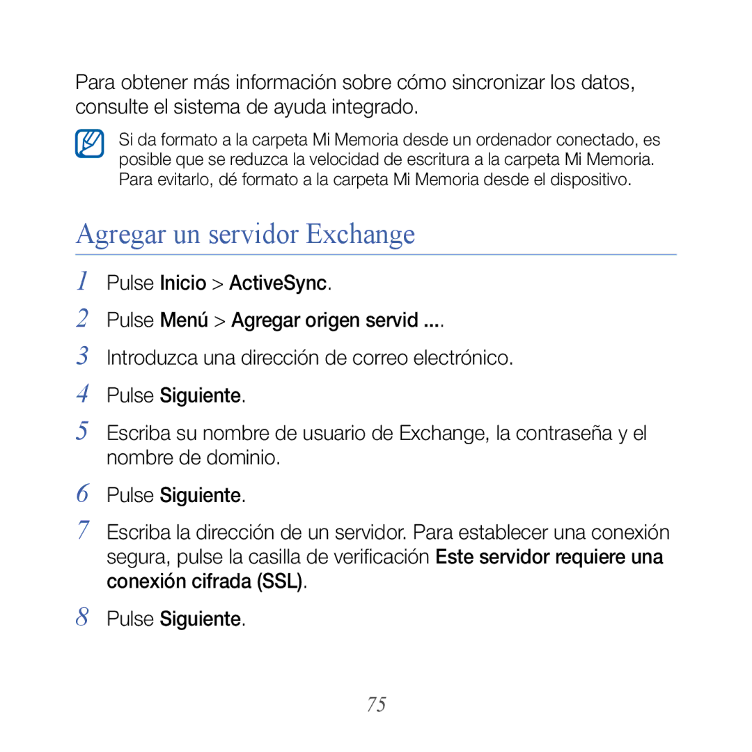 Samsung GT-B7610OKJATL, GT-B7610OKAATL manual Agregar un servidor Exchange 