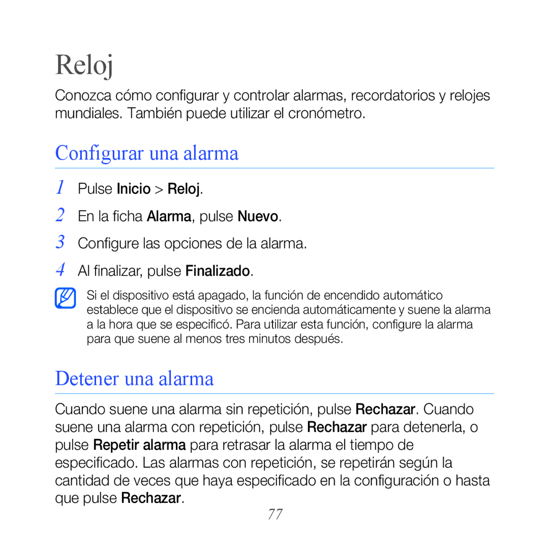 Samsung GT-B7610OKJATL, GT-B7610OKAATL manual Reloj, Configurar una alarma, Detener una alarma 