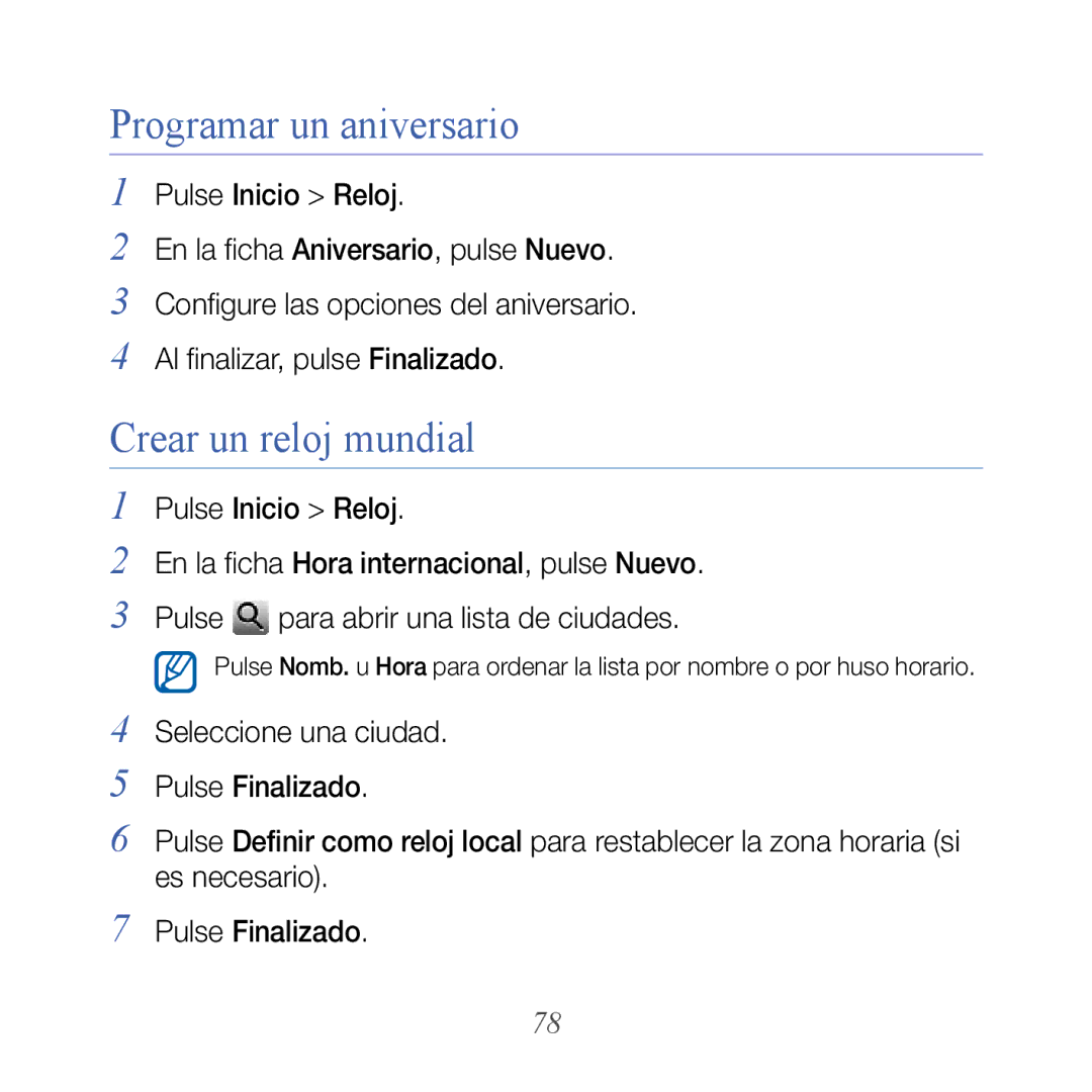 Samsung GT-B7610OKAATL, GT-B7610OKJATL manual Programar un aniversario, Crear un reloj mundial 