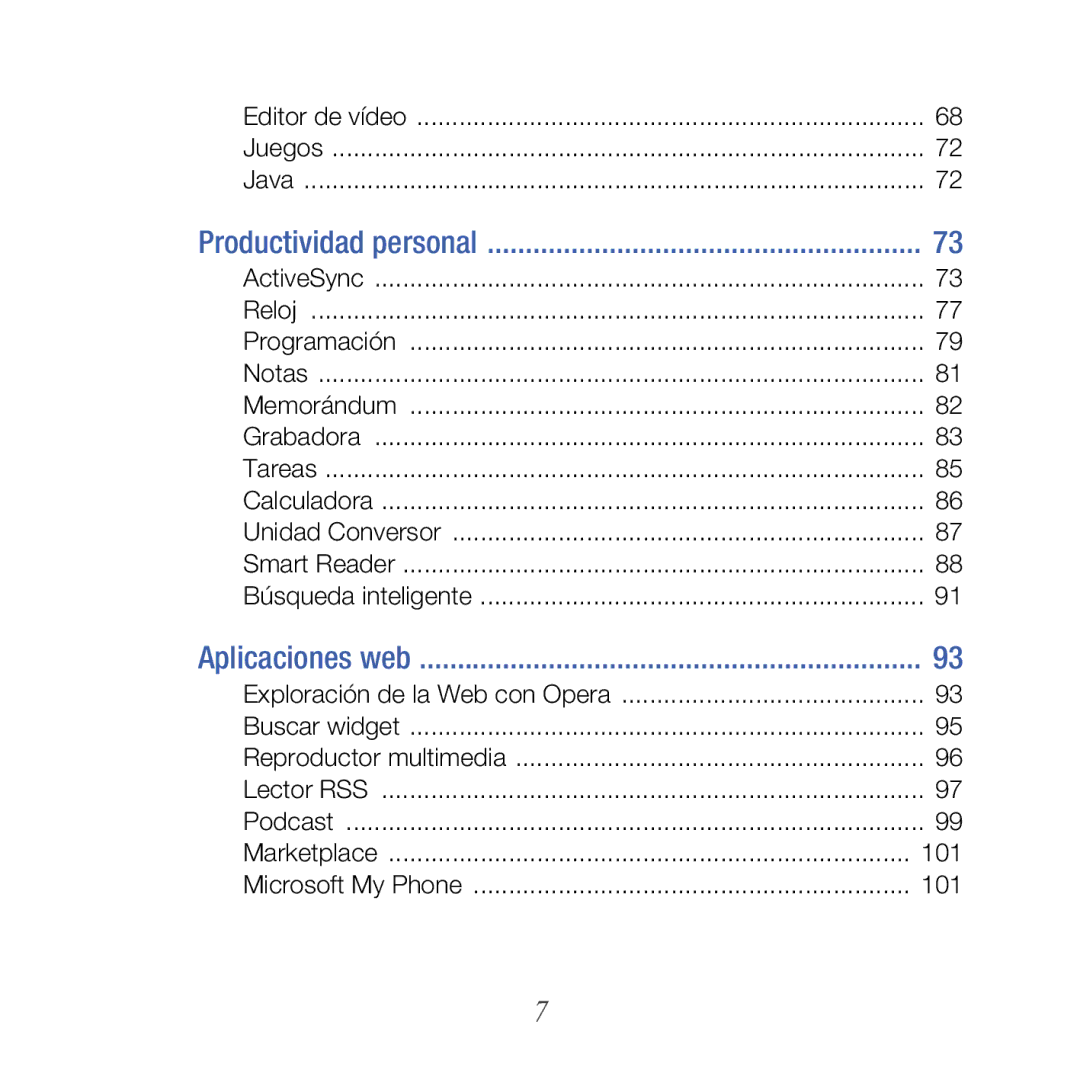 Samsung GT-B7610OKJATL, GT-B7610OKAATL manual Productividad personal, Aplicaciones web 