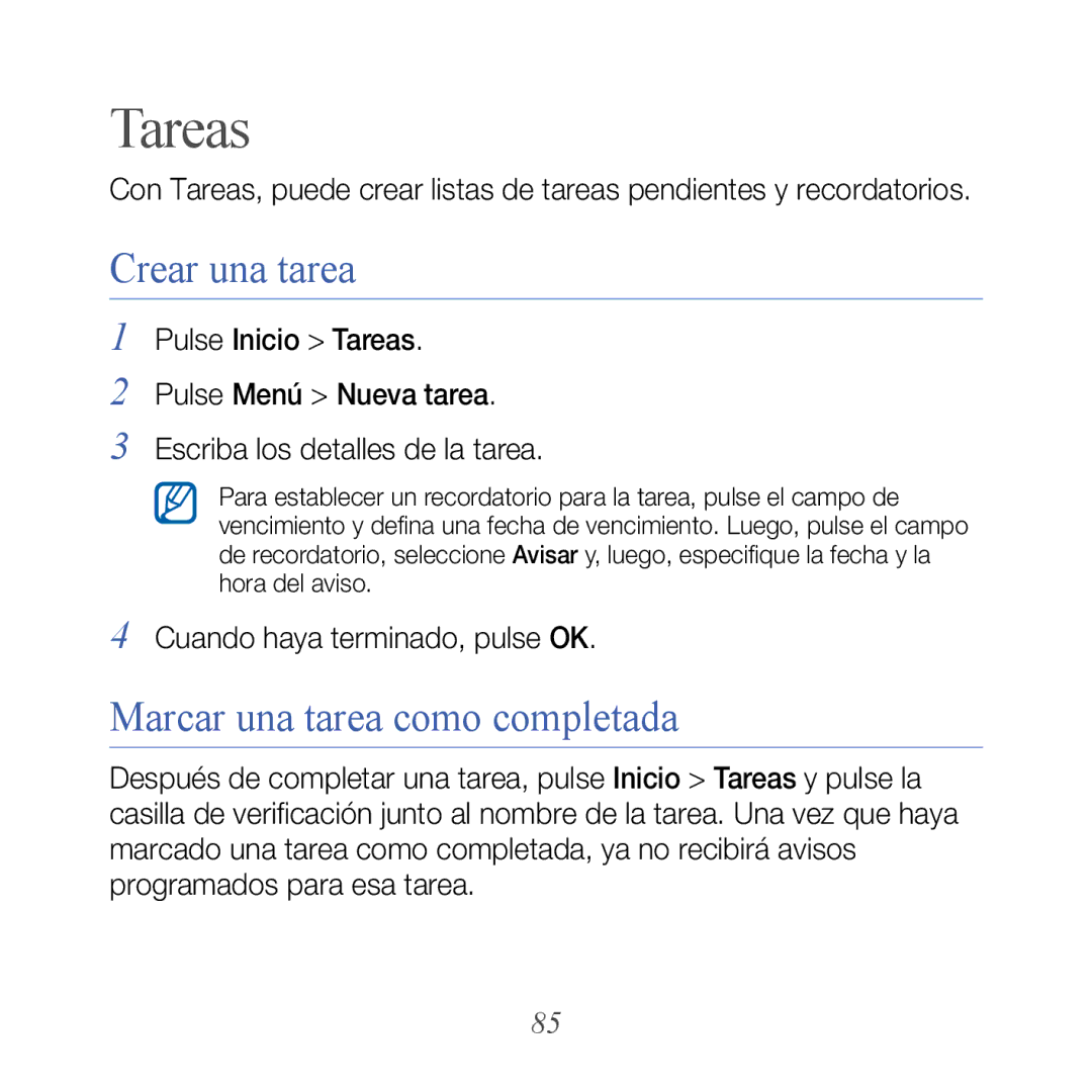 Samsung GT-B7610OKJATL, GT-B7610OKAATL manual Tareas, Crear una tarea, Marcar una tarea como completada 