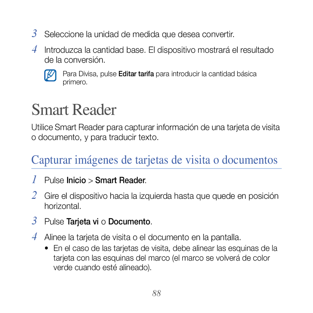 Samsung GT-B7610OKAATL, GT-B7610OKJATL manual Smart Reader, Capturar imágenes de tarjetas de visita o documentos 