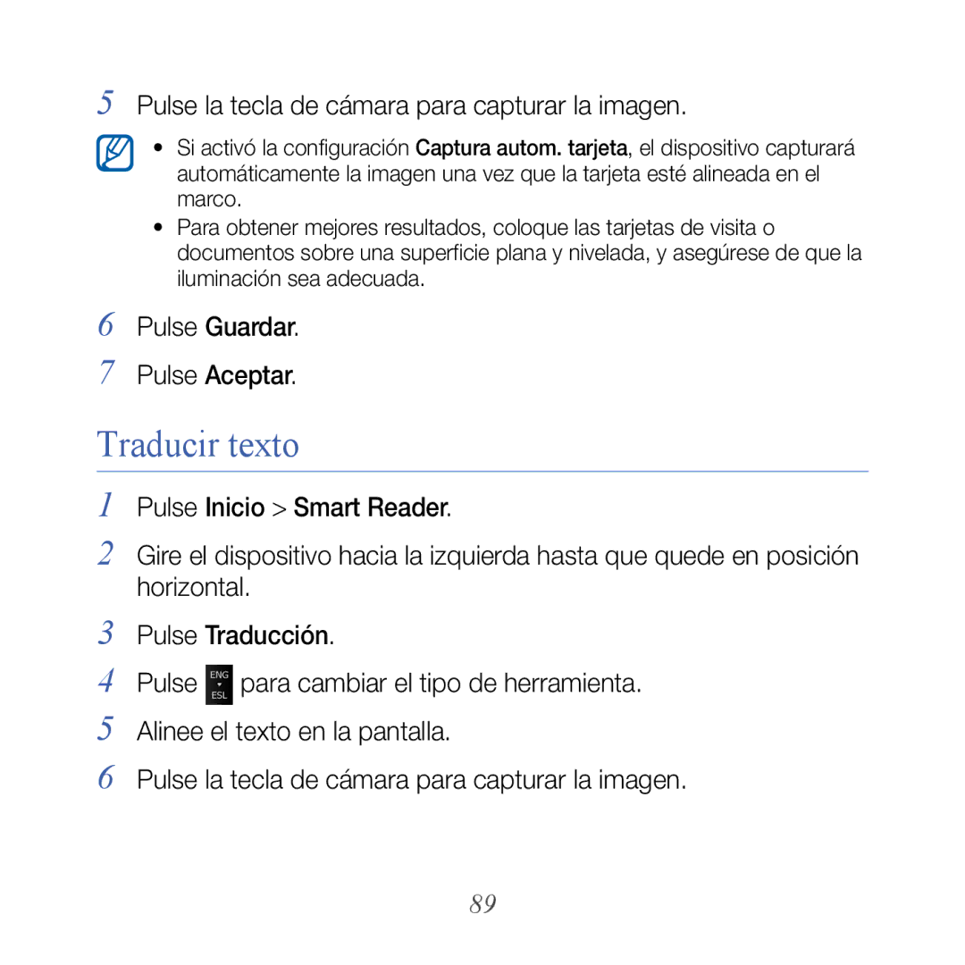 Samsung GT-B7610OKJATL, GT-B7610OKAATL manual Traducir texto, Pulse la tecla de cámara para capturar la imagen 