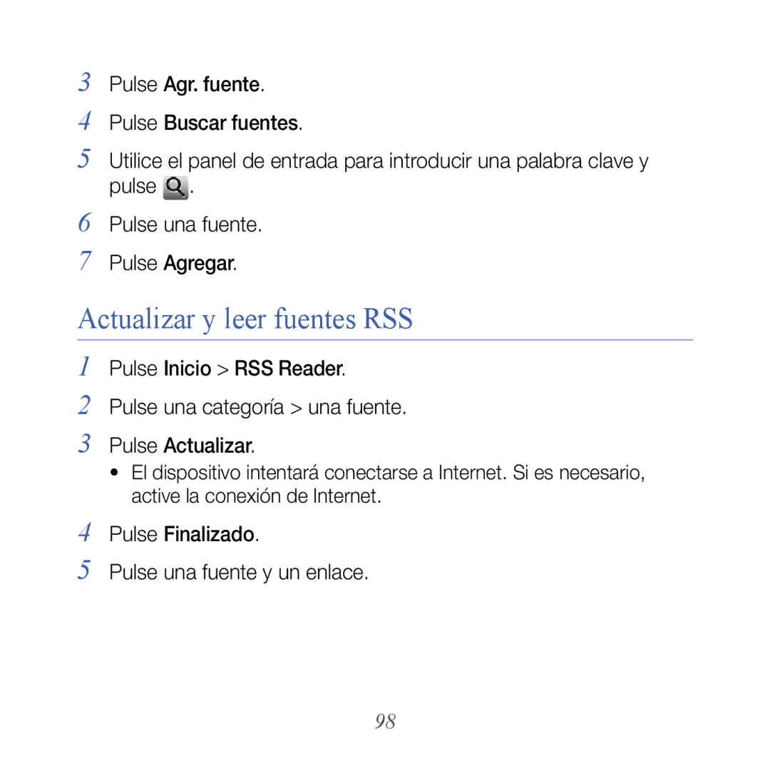 Samsung GT-B7610OKAATL, GT-B7610OKJATL manual Actualizar y leer fuentes RSS 