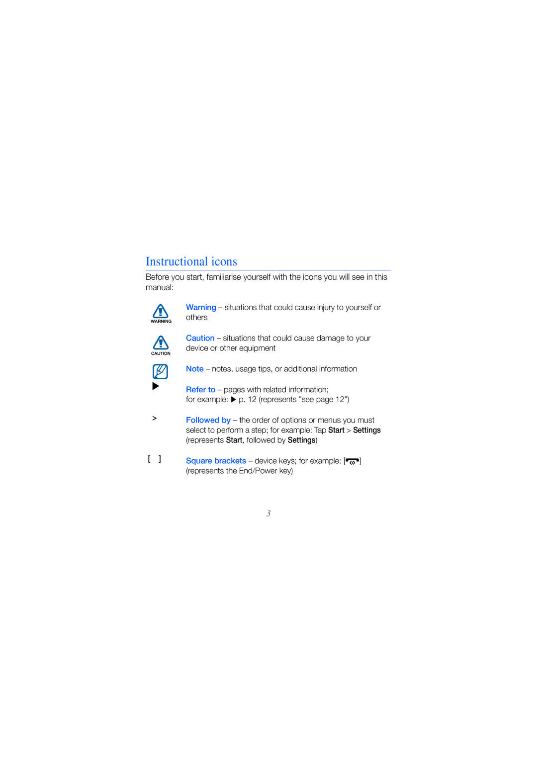 Samsung GT-B7610OKAEPL, GT-B7610OKMEPL, GT-B7610OKAVD2, GT-B7610OKADBT, GT-B7610OKNDBT, GT-B7610OKNEPL Instructional icons 