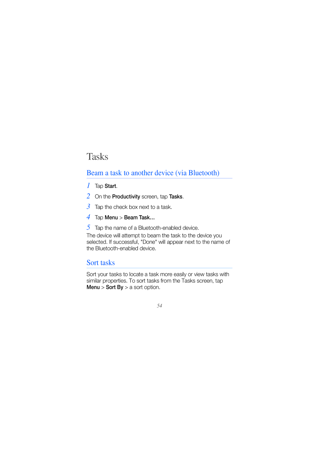 Samsung GT-B7610OKAXXV, GT-B7610OKMEPL, GT-B7610OKAVD2 manual Tasks, Beam a task to another device via Bluetooth, Sort tasks 