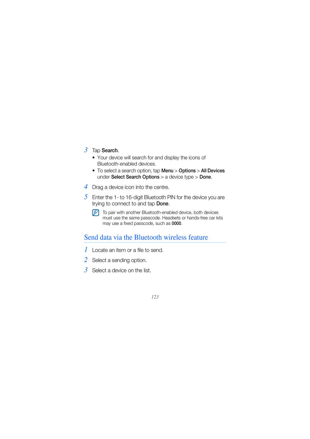 Samsung GT-B7610OKAEPL, GT-B7610OKMEPL, GT-B7610OKAVD2 manual Send data via the Bluetooth wireless feature, Tap Search 