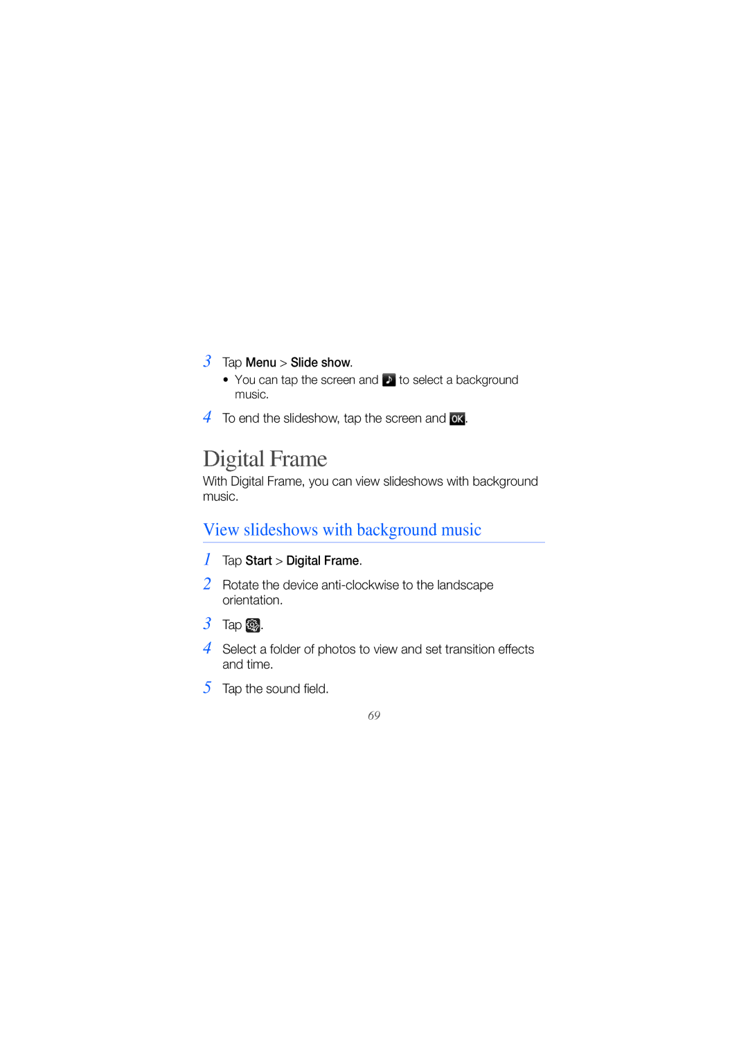 Samsung GT-B7610OKAVGR, GT-B7610OKMEPL manual Digital Frame, View slideshows with background music, Tap Menu Slide show 