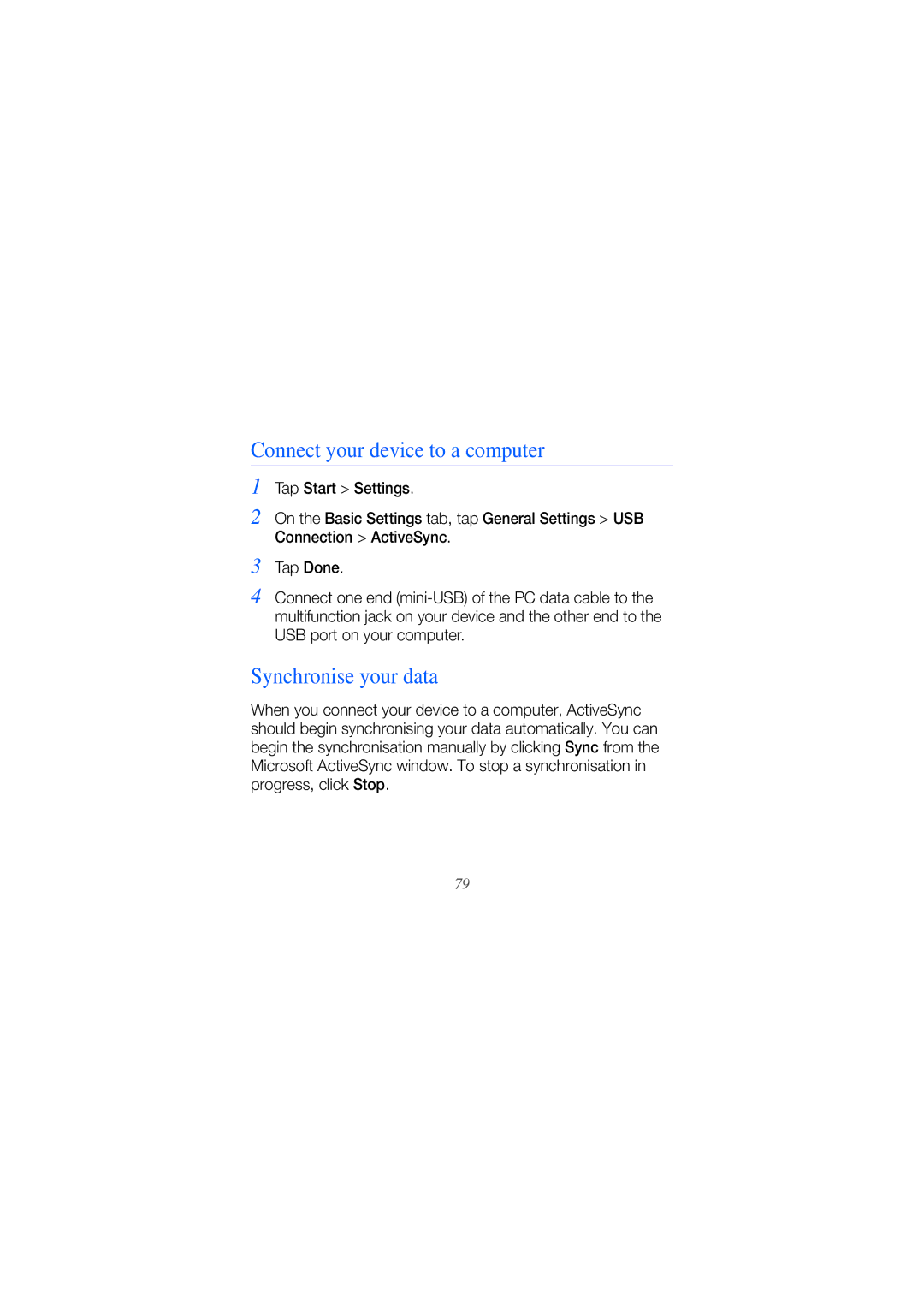 Samsung GT-B7610OKAXEF, GT-B7610OKMEPL, GT-B7610OKAVD2 manual Connect your device to a computer, Synchronise your data 