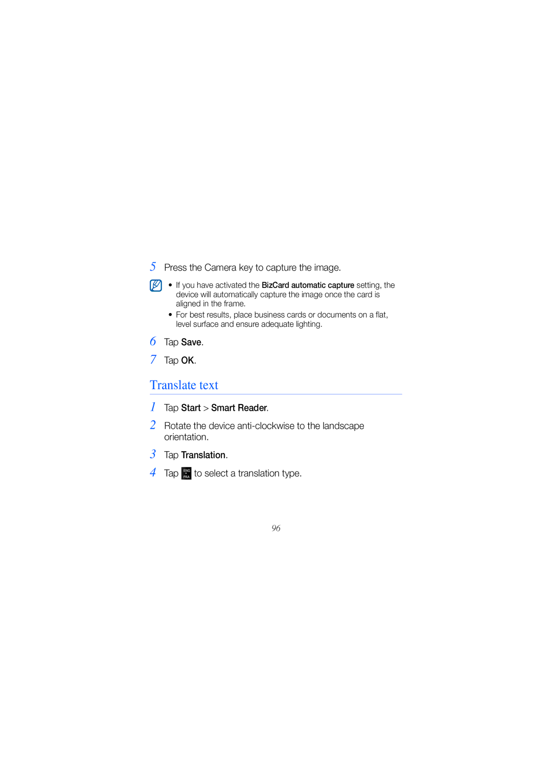 Samsung GT-B7610OKAVD2, GT-B7610OKMEPL manual Translate text, Press the Camera key to capture the image, Tap Save Tap OK 