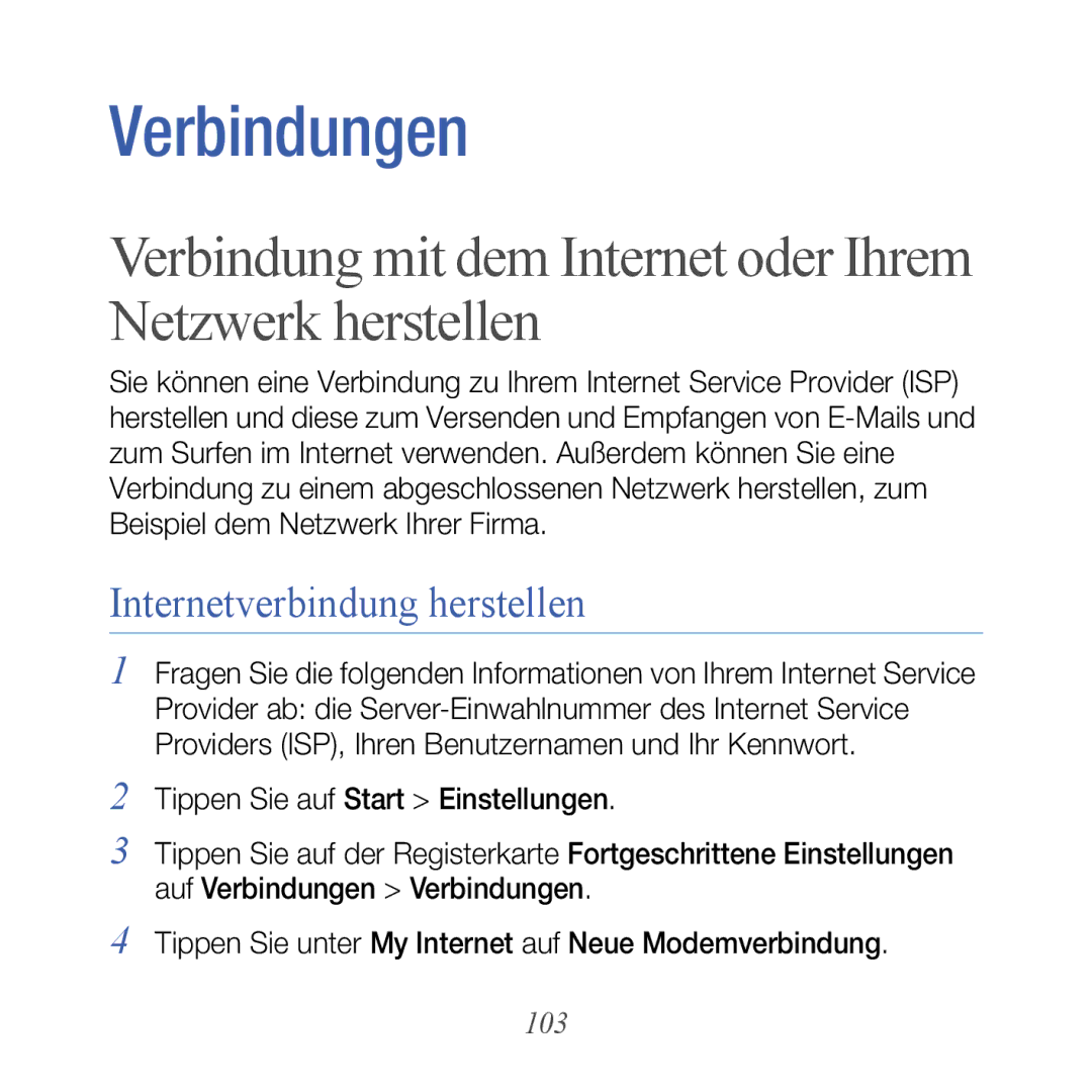 Samsung GT-B7610OKMDBT Verbindung mit dem Internet oder Ihrem Netzwerk herstellen, Internetverbindung herstellen, 103 