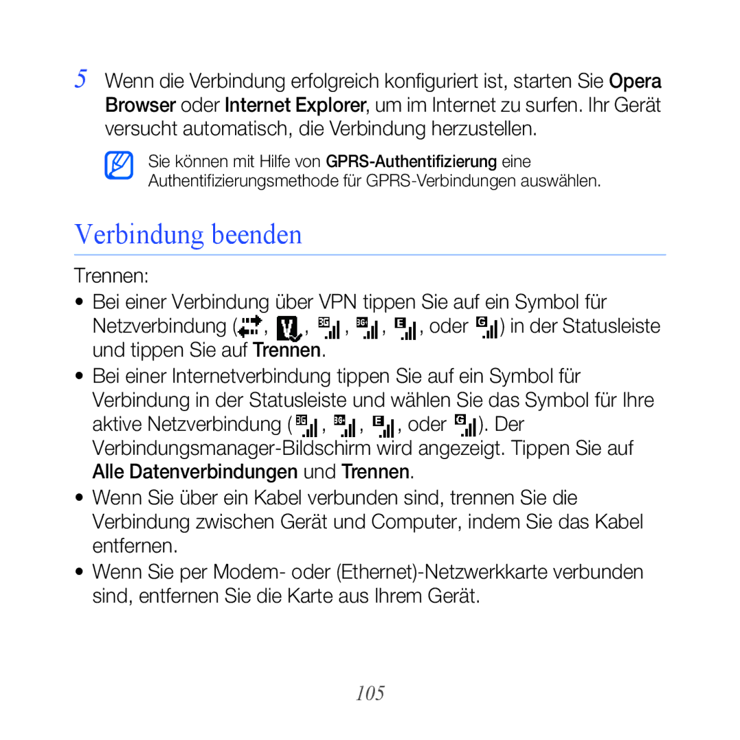 Samsung GT-B7610OKAVD2, GT-B7610OKMEPL, GT-B7610OKADBT, GT-B7610OKNDBT, GT-B7610OKAEPL, GT-B7610OKNEPL Verbindung beenden, 105 