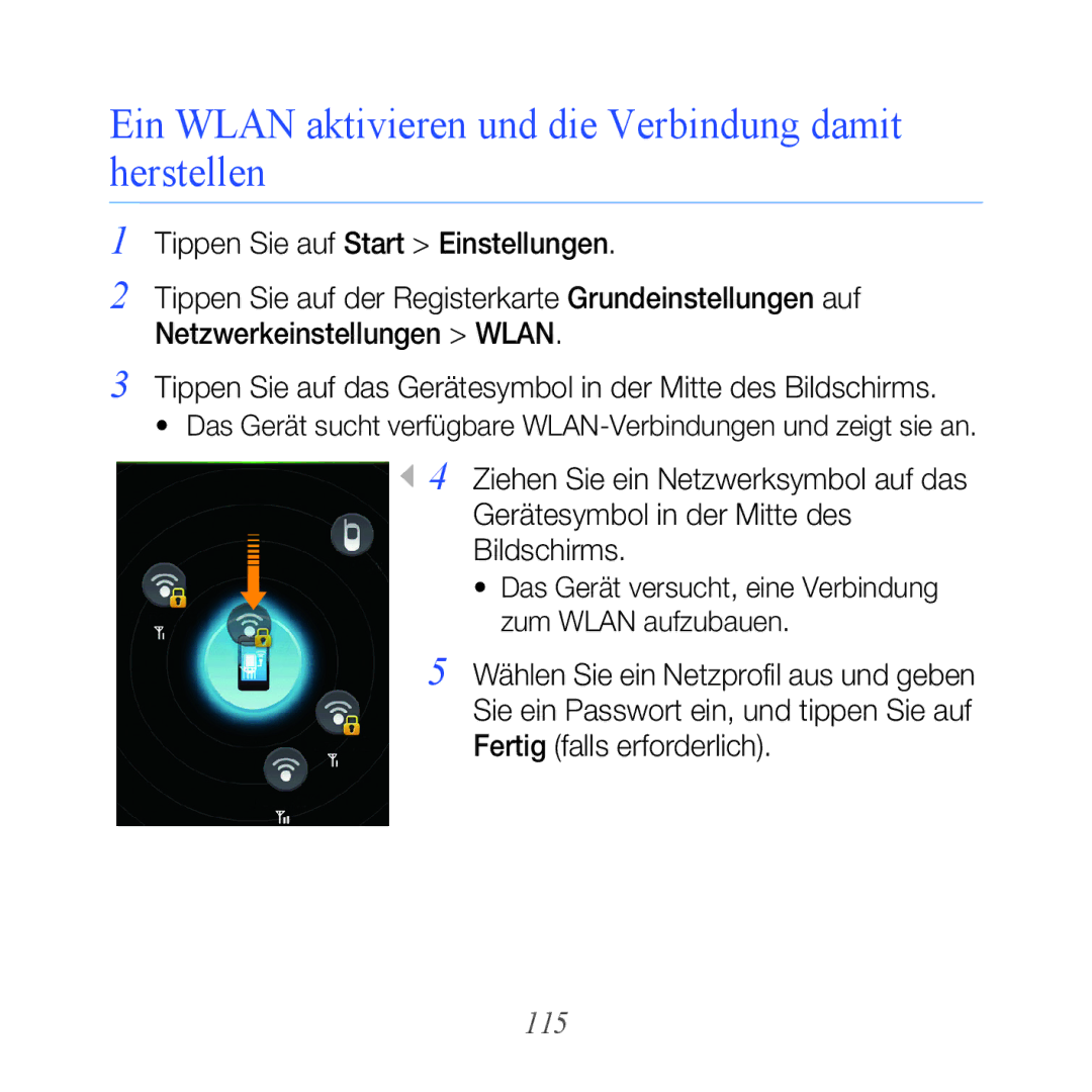 Samsung GT-B7610OKAEPL, GT-B7610OKMEPL, GT-B7610OKAVD2 manual Ein Wlan aktivieren und die Verbindung damit herstellen, 115 