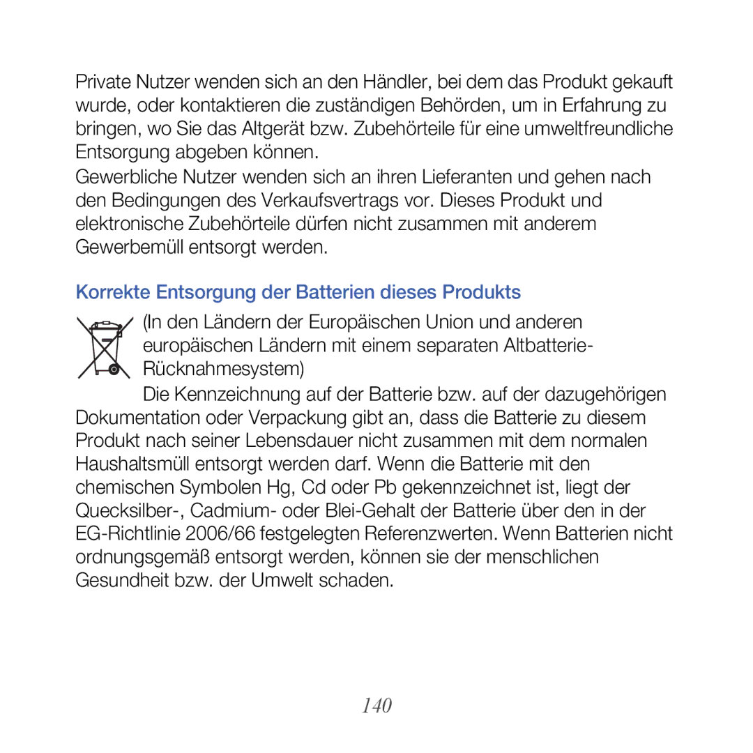 Samsung GT-B7610OKAVD2, GT-B7610OKMEPL, GT-B7610OKADBT manual 140, Korrekte Entsorgung der Batterien dieses Produkts 