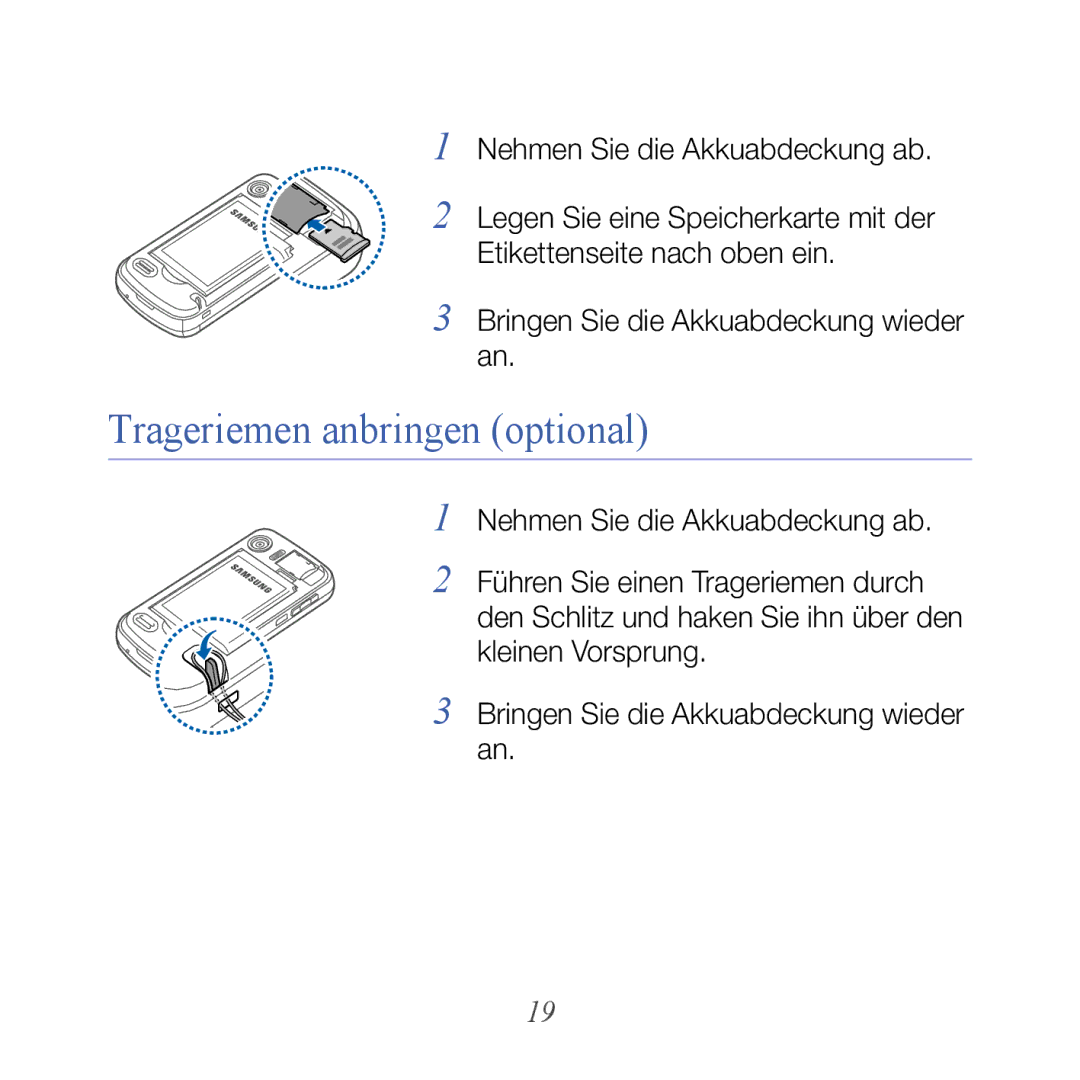 Samsung GT-B7610OKMDBT, GT-B7610OKMEPL, GT-B7610OKAVD2, GT-B7610OKADBT, GT-B7610OKNDBT manual Trageriemen anbringen optional 