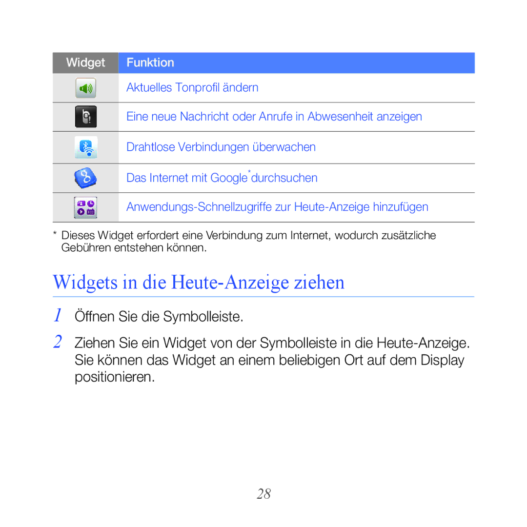 Samsung GT-B7610OKAVD2, GT-B7610OKMEPL, GT-B7610OKADBT, GT-B7610OKNDBT, GT-B7610OKAEPL Widgets in die Heute-Anzeige ziehen 