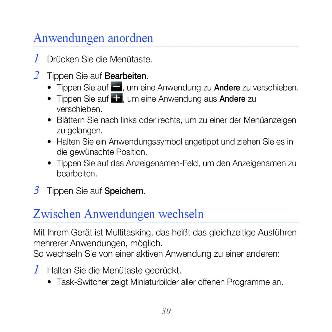 Samsung GT-B7610OKNDBT, GT-B7610OKMEPL manual Anwendungen anordnen, Zwischen Anwendungen wechseln, Tippen Sie auf Speichern 