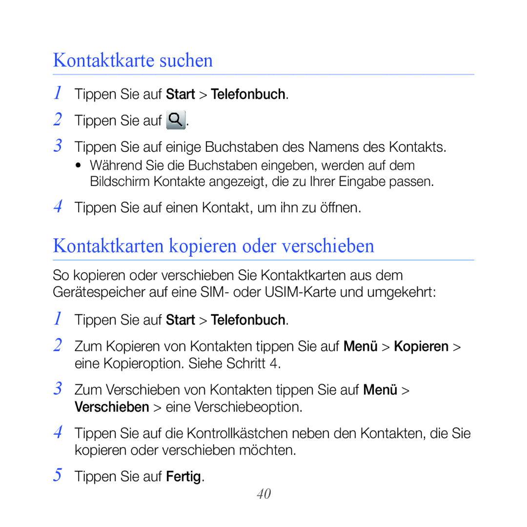 Samsung GT-B7610OKMDBT, GT-B7610OKMEPL, GT-B7610OKAVD2 manual Kontaktkarte suchen, Kontaktkarten kopieren oder verschieben 