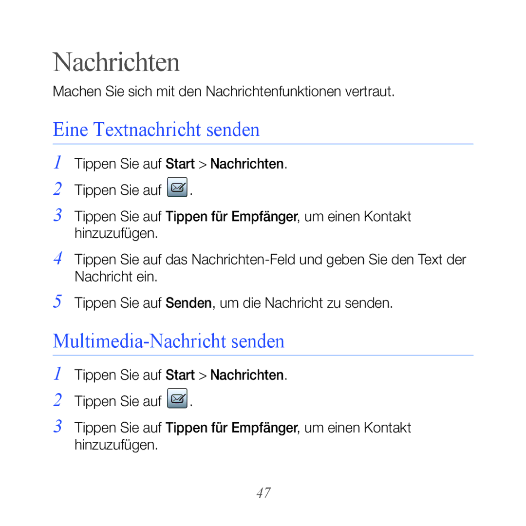 Samsung GT-B7610OKMDBT, GT-B7610OKMEPL, GT-B7610OKAVD2 Nachrichten, Eine Textnachricht senden, Multimedia-Nachricht senden 