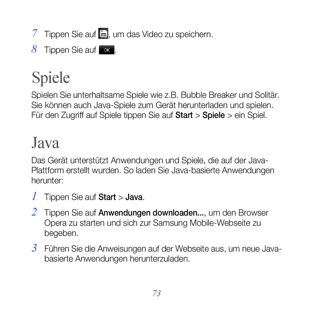 Samsung GT-B7610OKAEPL, GT-B7610OKMEPL, GT-B7610OKAVD2 manual Spiele, Java, Tippen Sie auf , um das Video zu speichern 