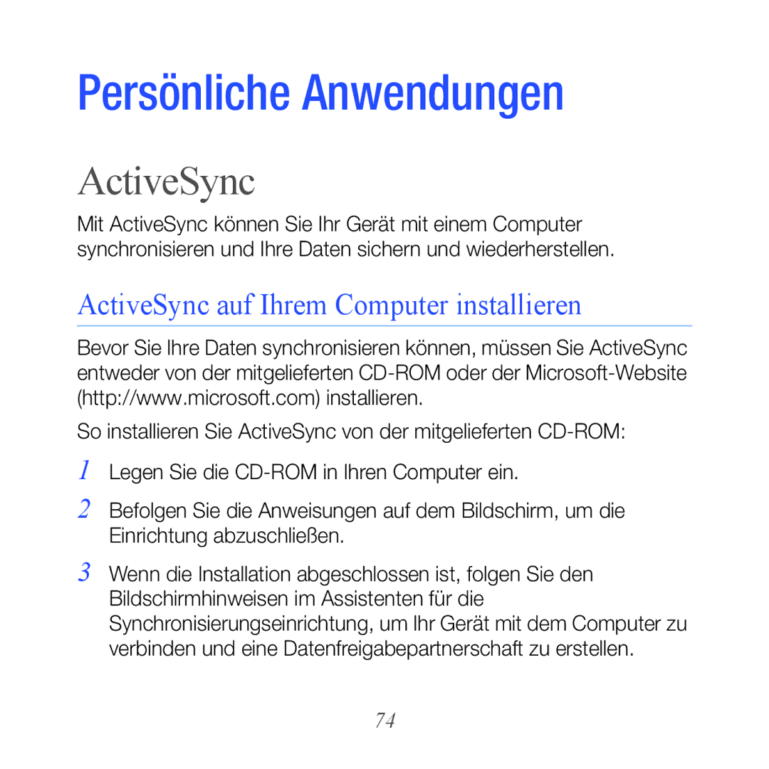 Samsung GT-B7610OKNEPL, GT-B7610OKMEPL, GT-B7610OKAVD2, GT-B7610OKADBT manual ActiveSync auf Ihrem Computer installieren 