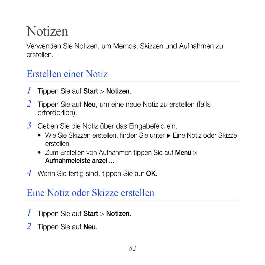 Samsung GT-B7610OKMDBT, GT-B7610OKMEPL, GT-B7610OKAVD2 Notizen, Erstellen einer Notiz, Eine Notiz oder Skizze erstellen 