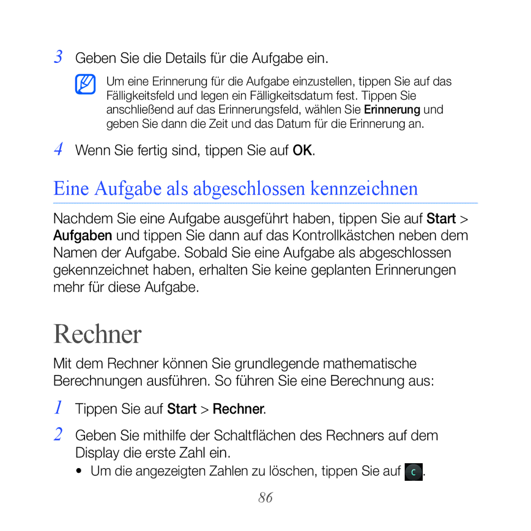 Samsung GT-B7610OKNDBT Rechner, Eine Aufgabe als abgeschlossen kennzeichnen, Geben Sie die Details für die Aufgabe ein 