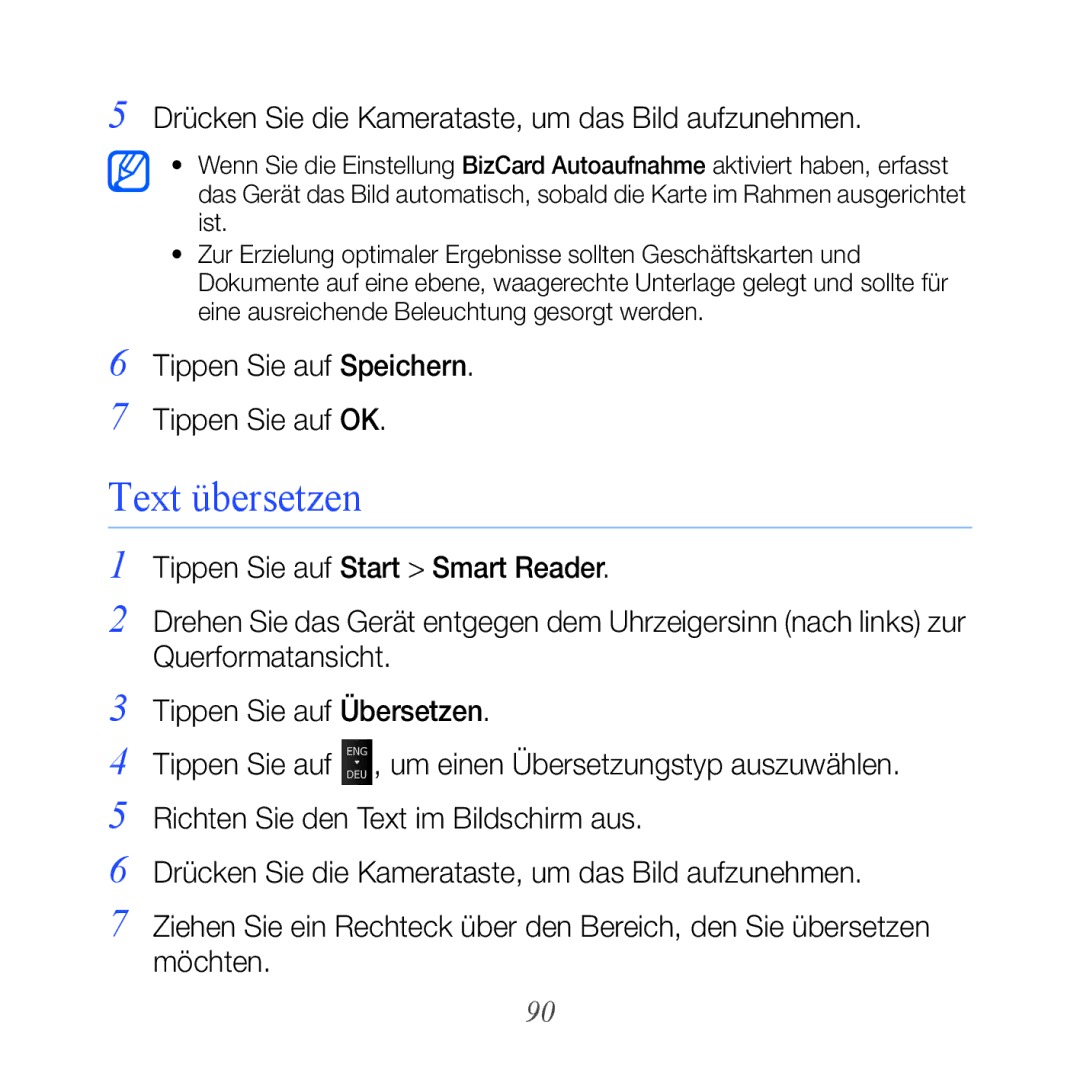 Samsung GT-B7610OKMEPL, GT-B7610OKAVD2 manual Text übersetzen, Drücken Sie die Kamerataste, um das Bild aufzunehmen 