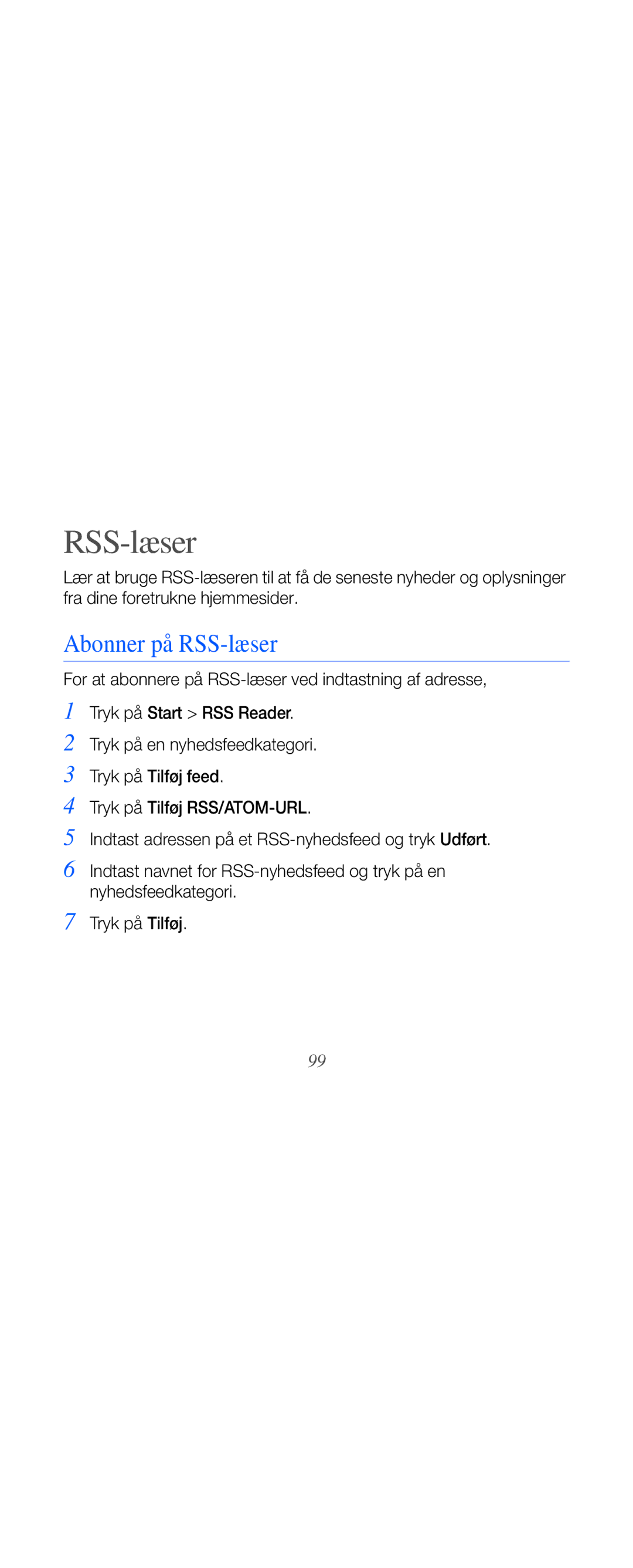 Samsung GT-B7610OKMXEE, GT-B7610OKAXEE manual Abonner på RSS-læser 