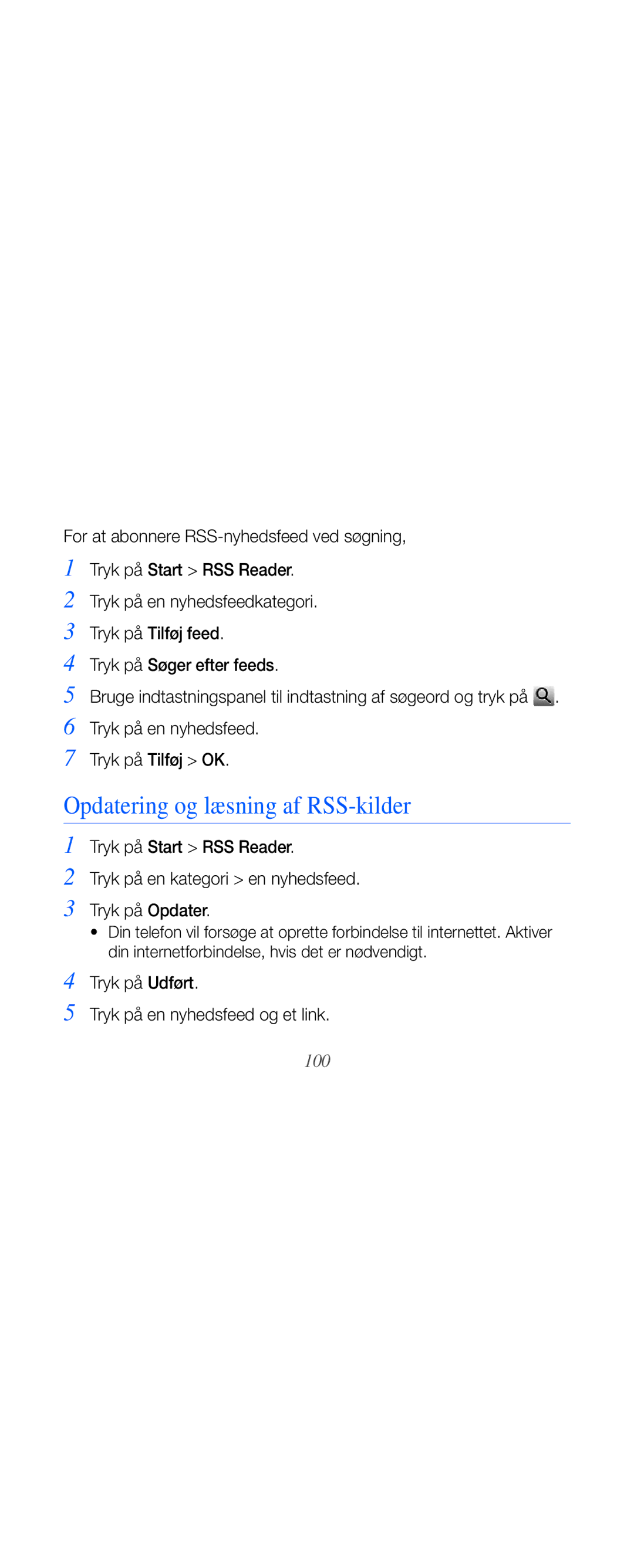 Samsung GT-B7610OKAXEE manual Opdatering og læsning af RSS-kilder, Tryk på Udført Tryk på en nyhedsfeed og et link, 100 