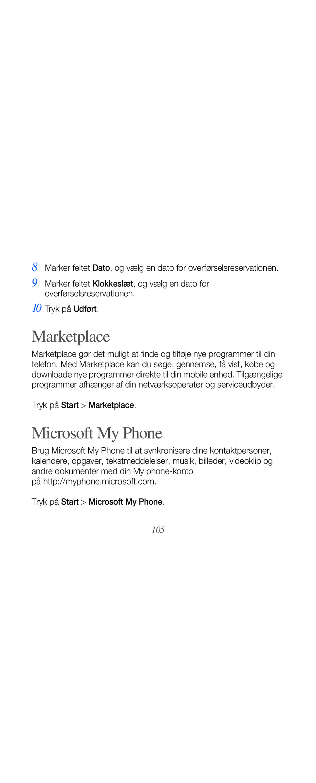 Samsung GT-B7610OKMXEE, GT-B7610OKAXEE manual Microsoft My Phone, Tryk på Start Marketplace, 105 