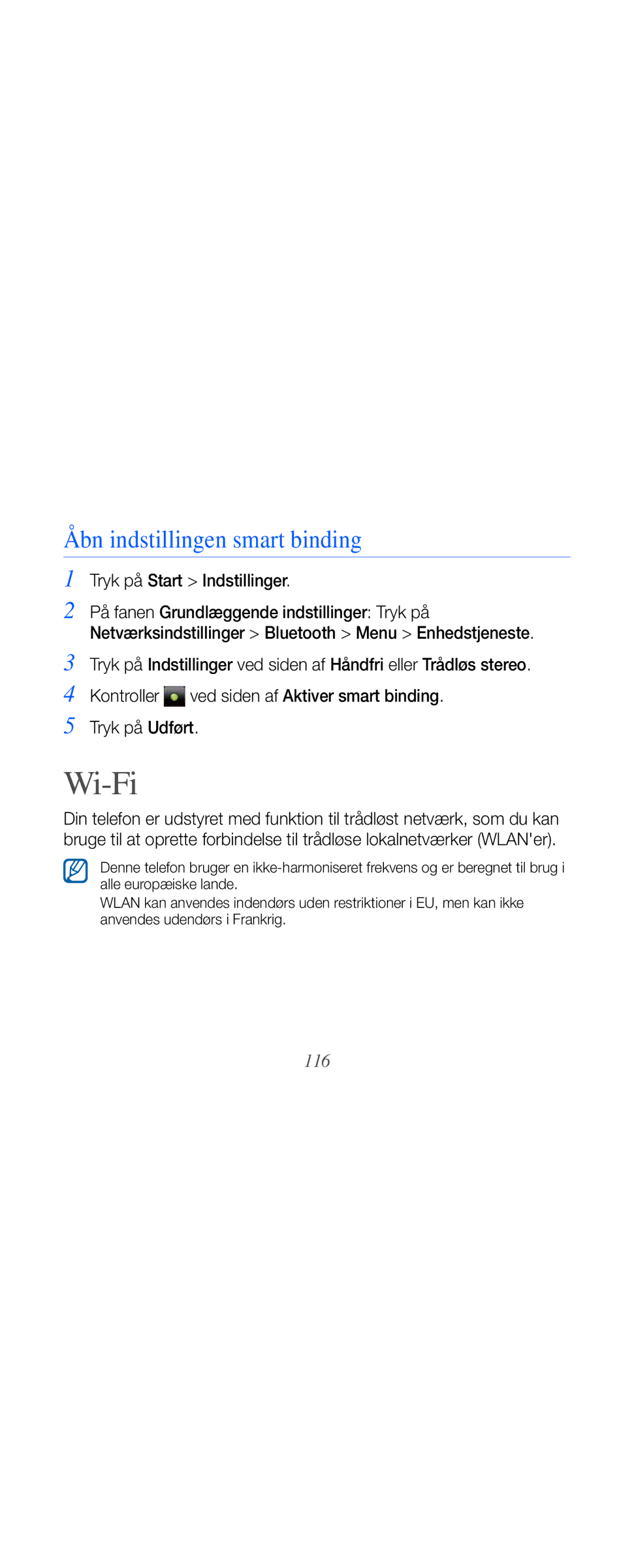 Samsung GT-B7610OKAXEE, GT-B7610OKMXEE manual Wi-Fi, Åbn indstillingen smart binding, 116 