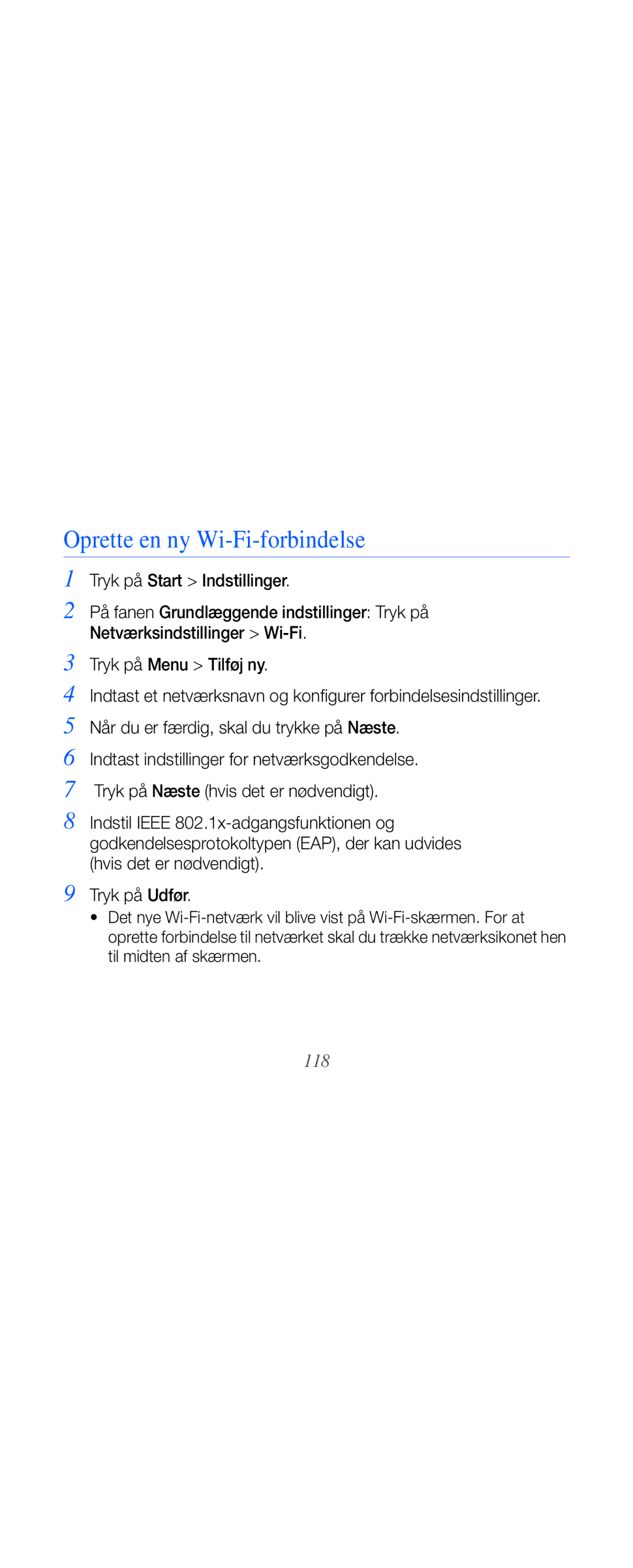 Samsung GT-B7610OKAXEE, GT-B7610OKMXEE manual Oprette en ny Wi-Fi-forbindelse, 118 