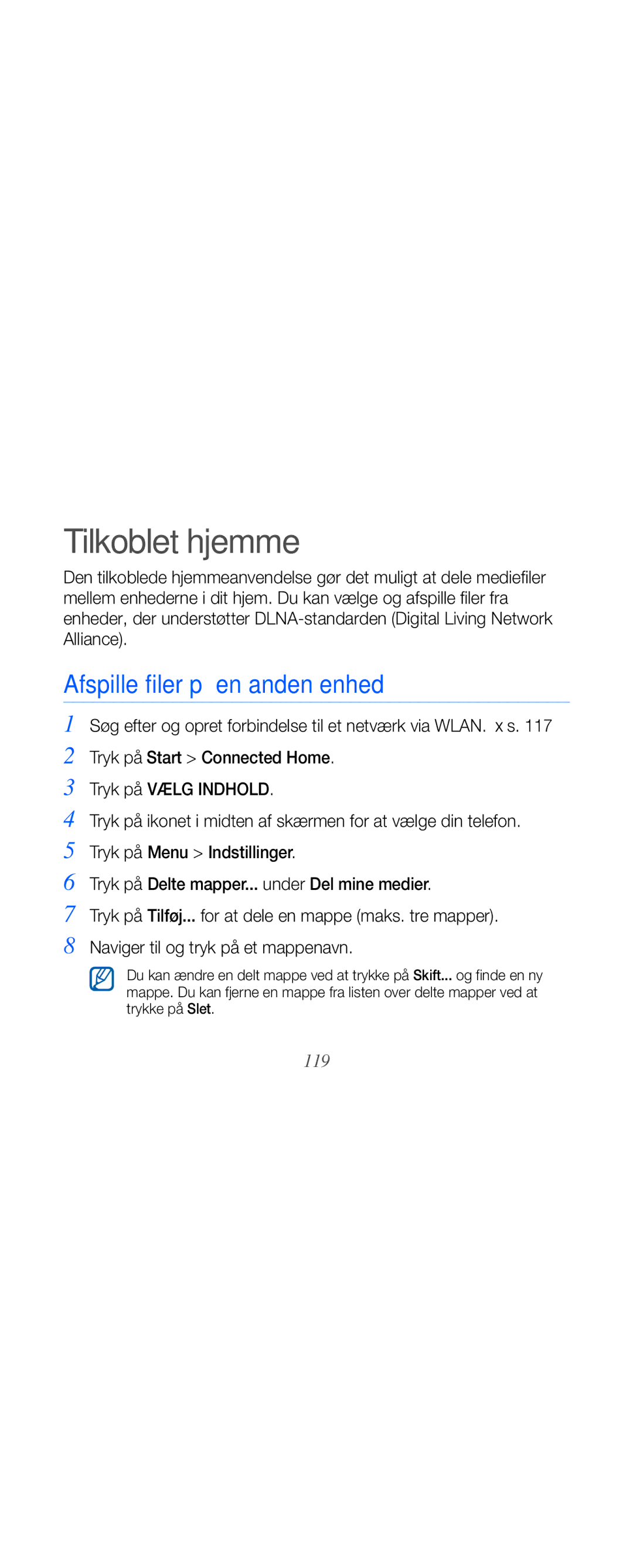 Samsung GT-B7610OKMXEE, GT-B7610OKAXEE manual Tilkoblet hjemme, Afspille filer på en anden enhed, 119 