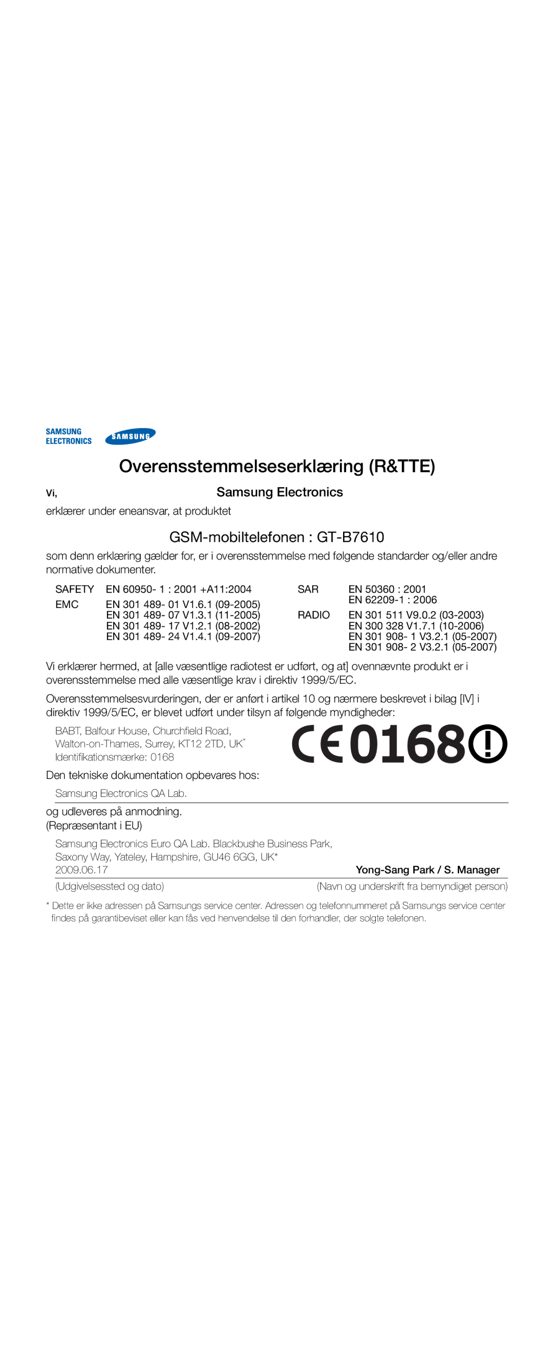 Samsung GT-B7610OKMXEE, GT-B7610OKAXEE manual Overensstemmelseserklæring R&TTE 