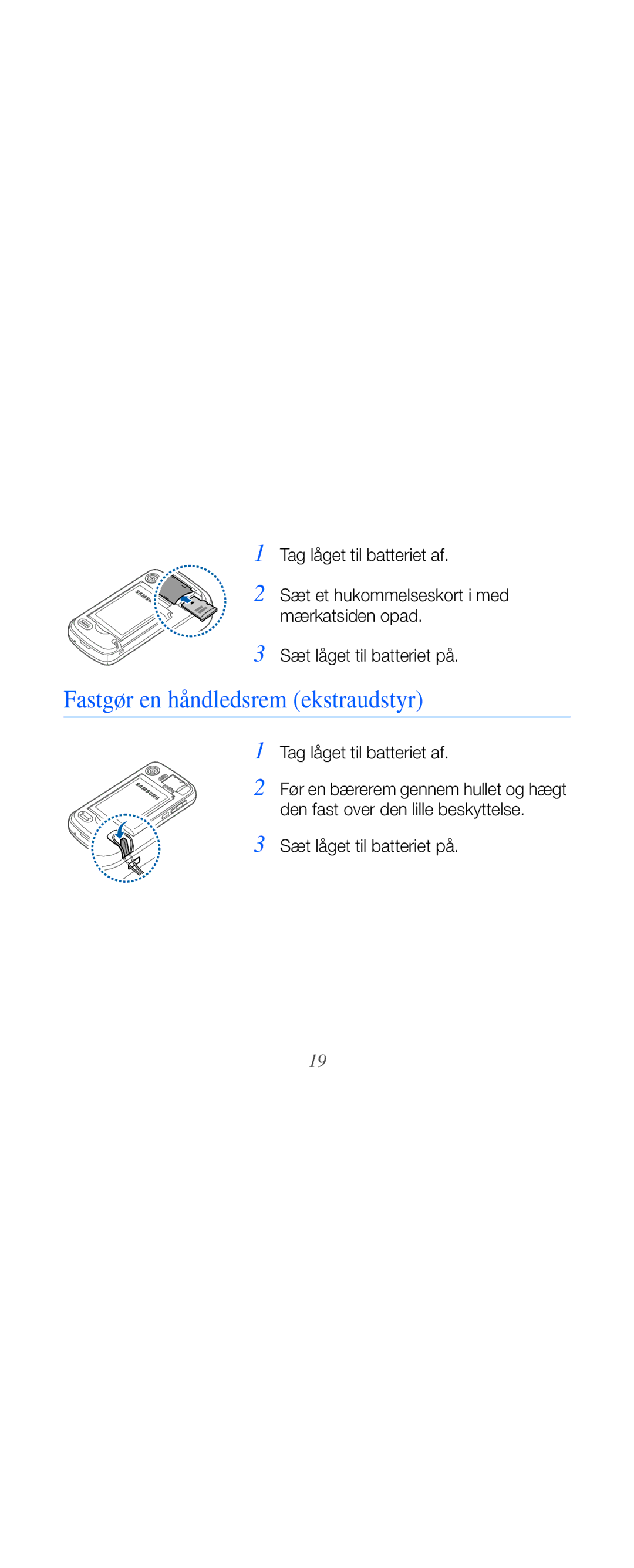 Samsung GT-B7610OKMXEE, GT-B7610OKAXEE manual Fastgør en håndledsrem ekstraudstyr, Tag låget til batteriet af 